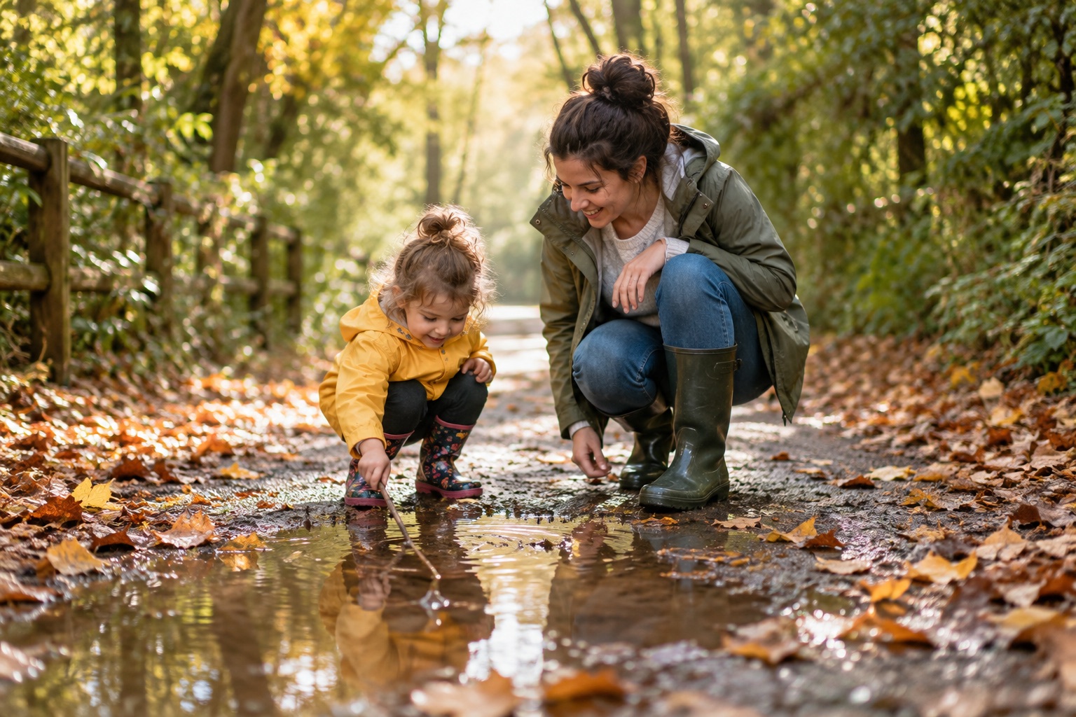 A parent and young child exploring a puddle together on a leafy path