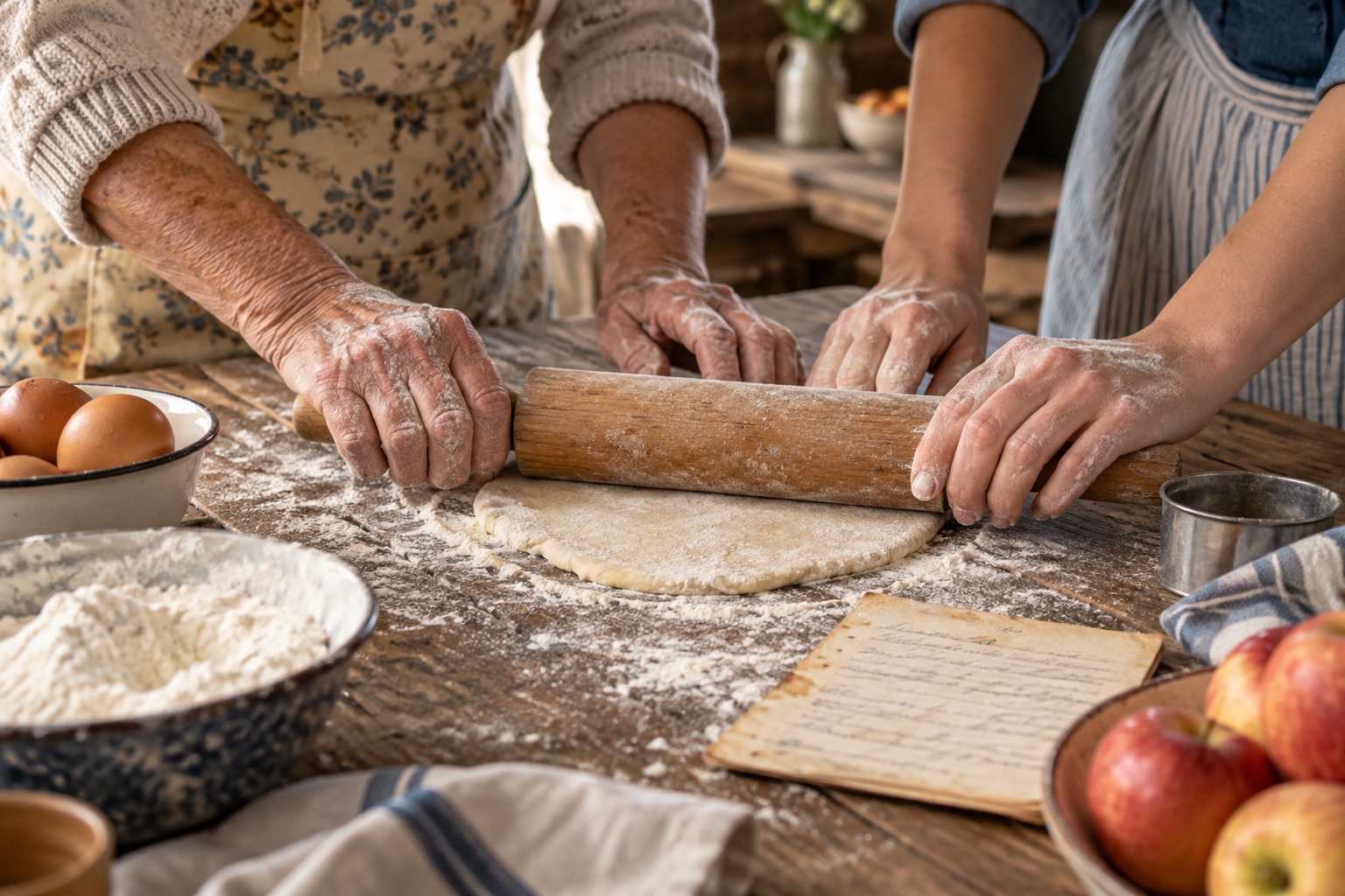 Two generations preparing dough together beside a handwritten recipe