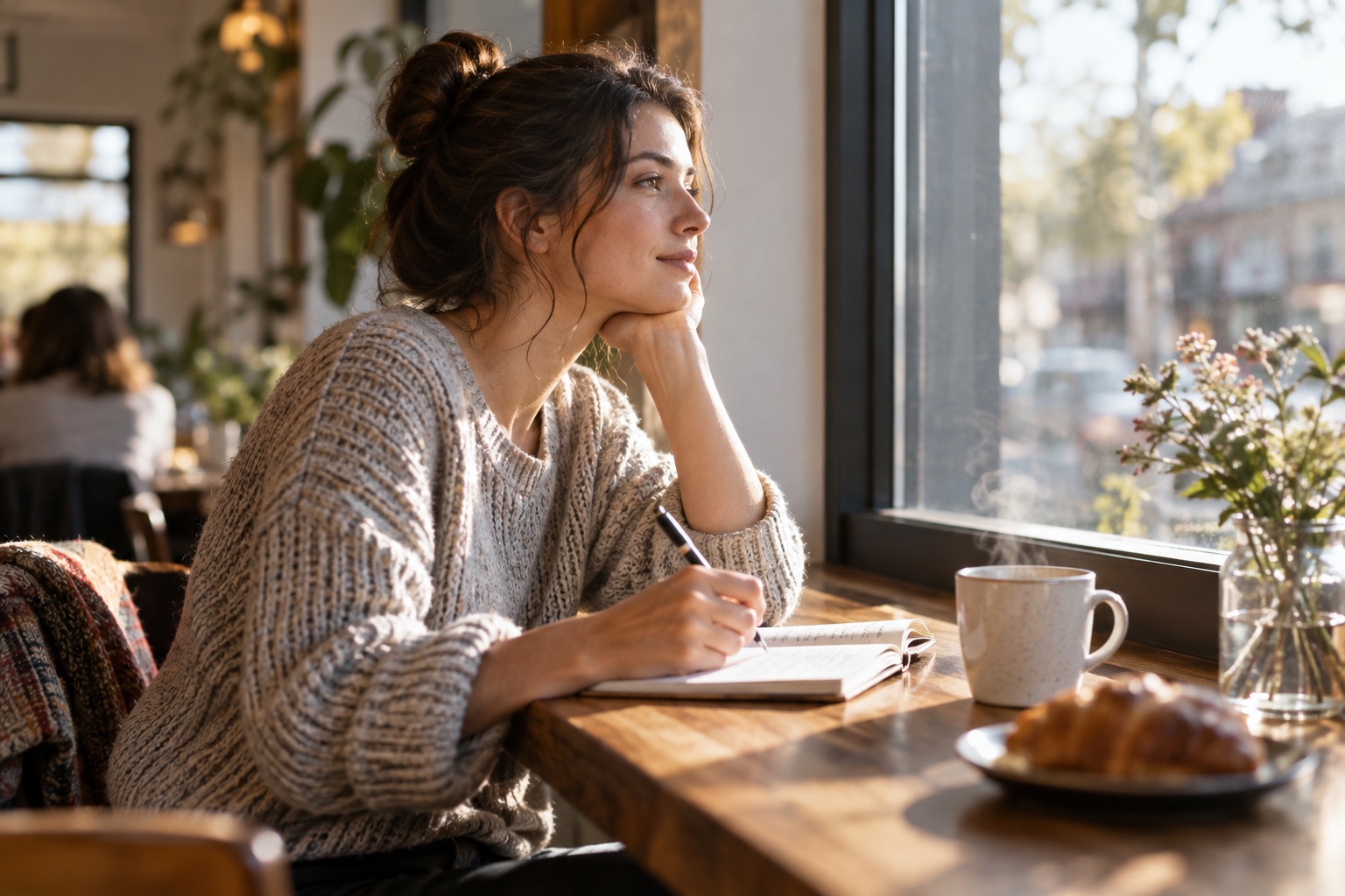 A person reflecting over a notebook and coffee at a cafe window