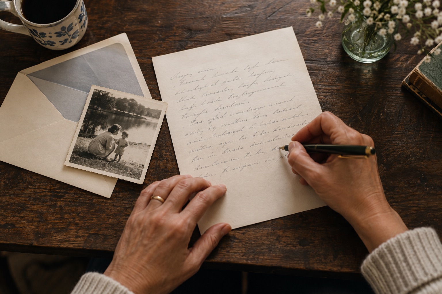 Hands writing a personal letter beside an envelope and family photograph