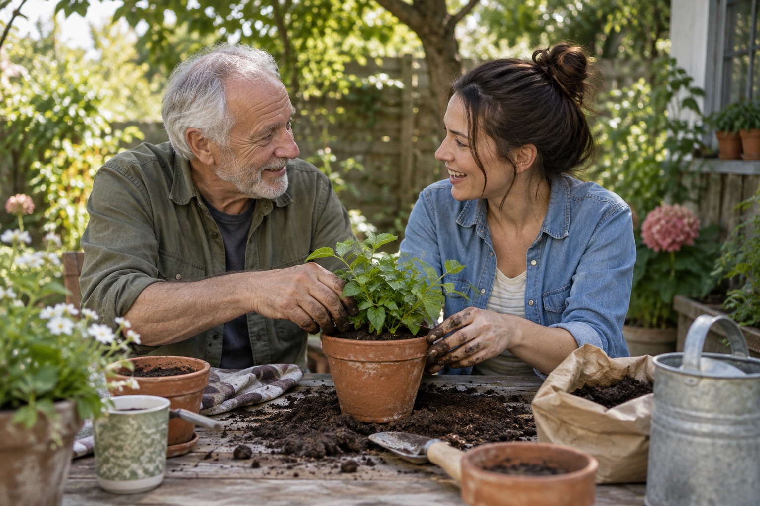 A father and adult daughter talking while potting a plant together