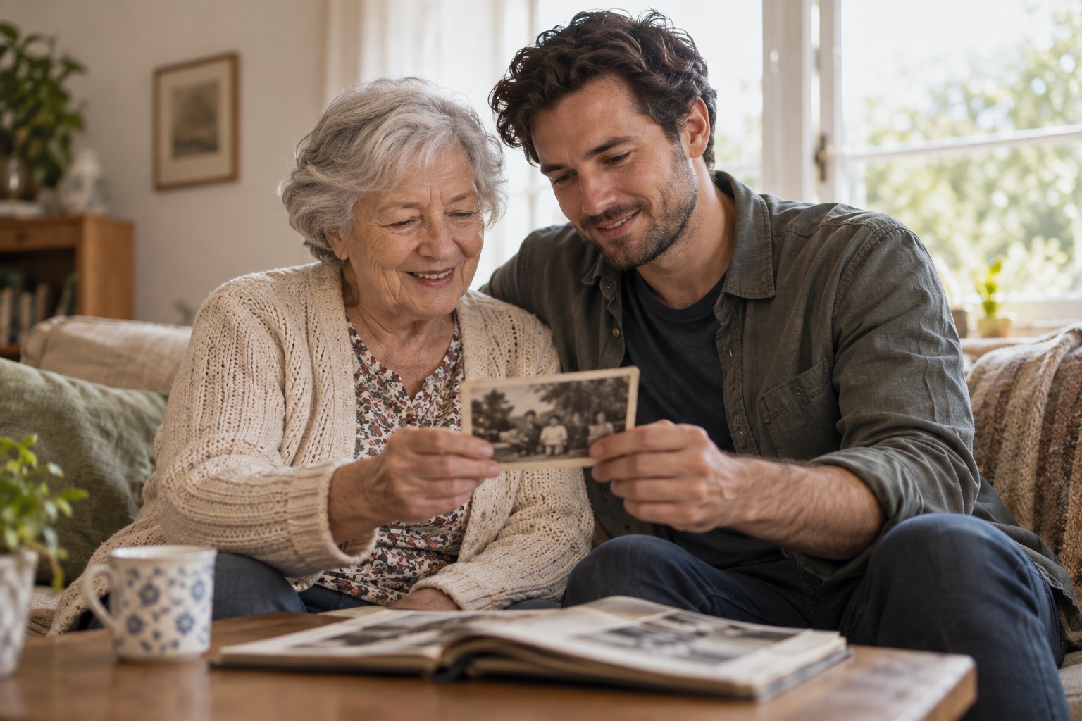 An older woman and her adult grandson looking at a photograph by a window